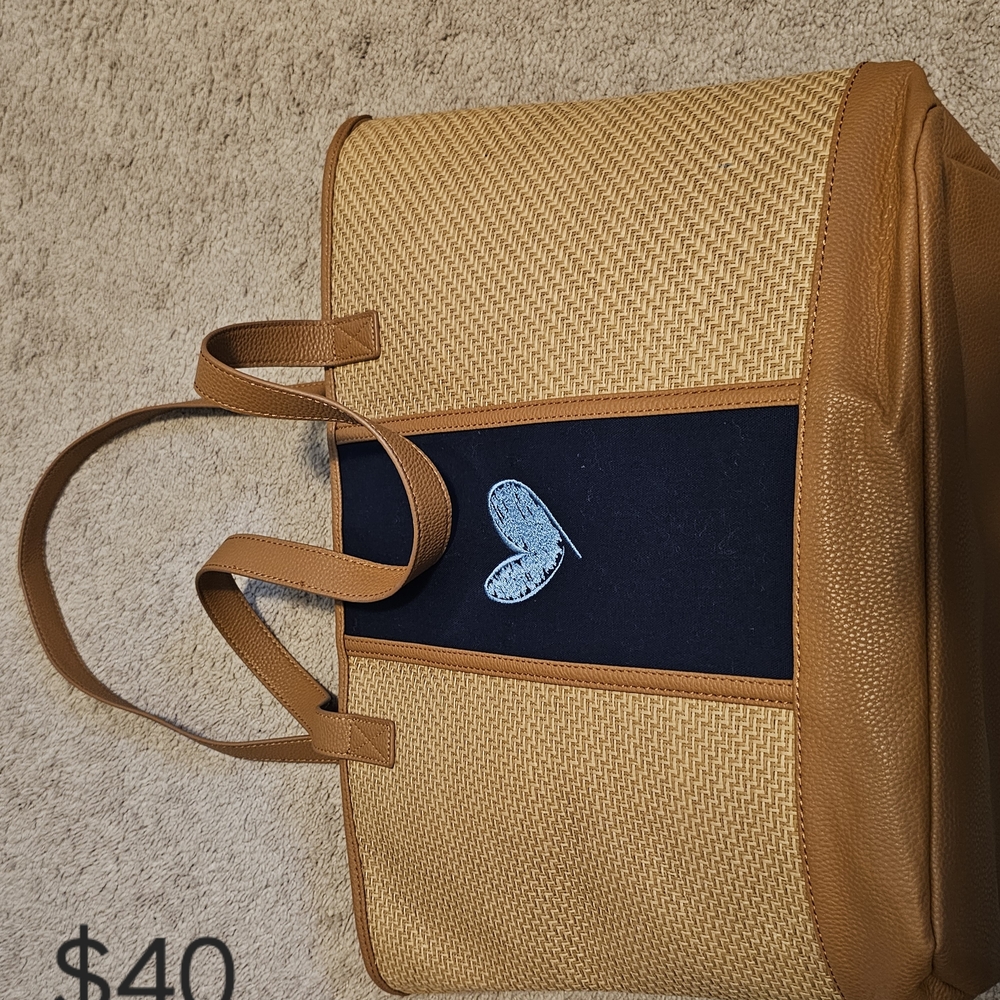Thirty-One Tan and Navy Woven Tote Bag with Heart Detail